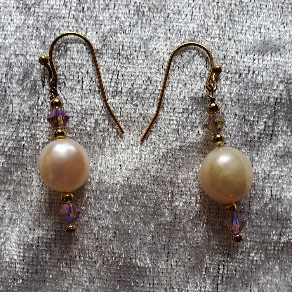 Gold Plated Genuine Pearl & Swarovski Crystal Hook Dangle pierced Earrings